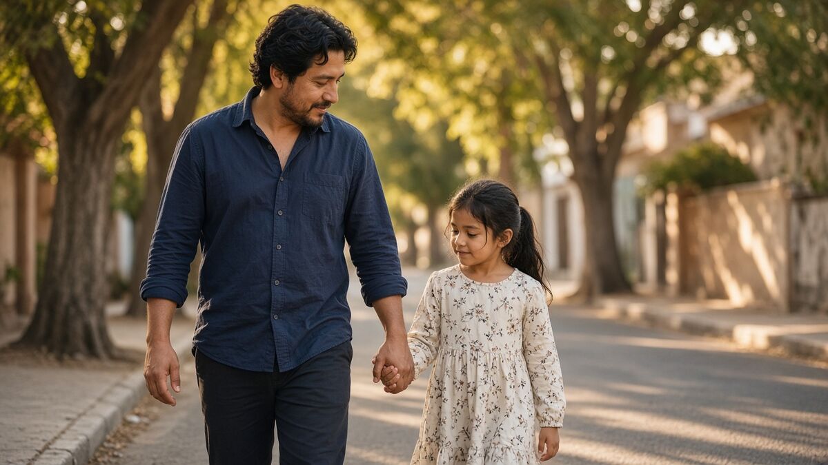 Un padre camina de la mano con su hija